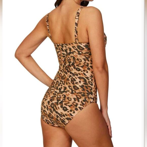 Nip Tuck Joanne Tummy Control Ruched Brown Black Leopard One Piece Swimsuit 8 - Picture 2 of 8